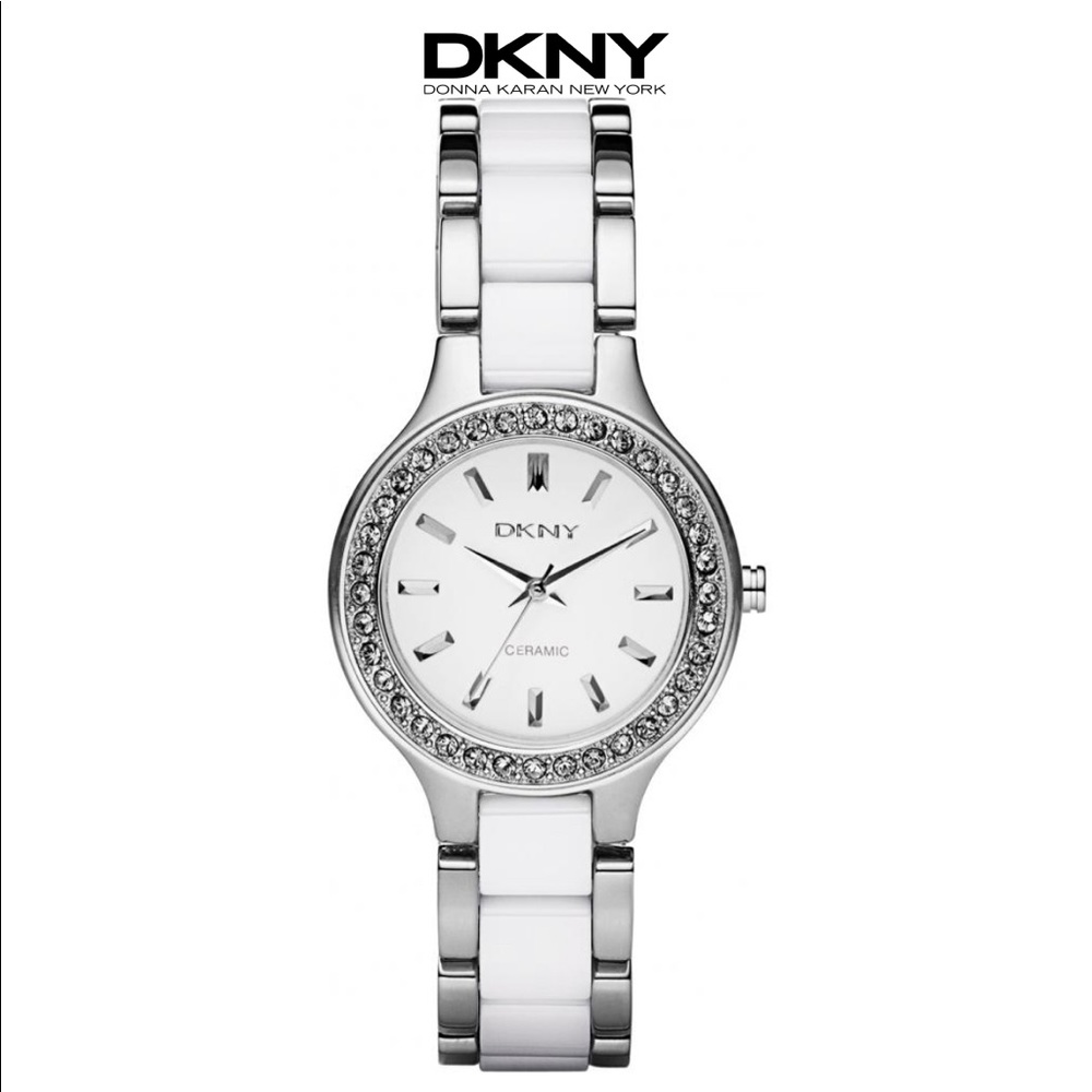 DKNY White and Silver Ceramic Watch with Crystal Face
